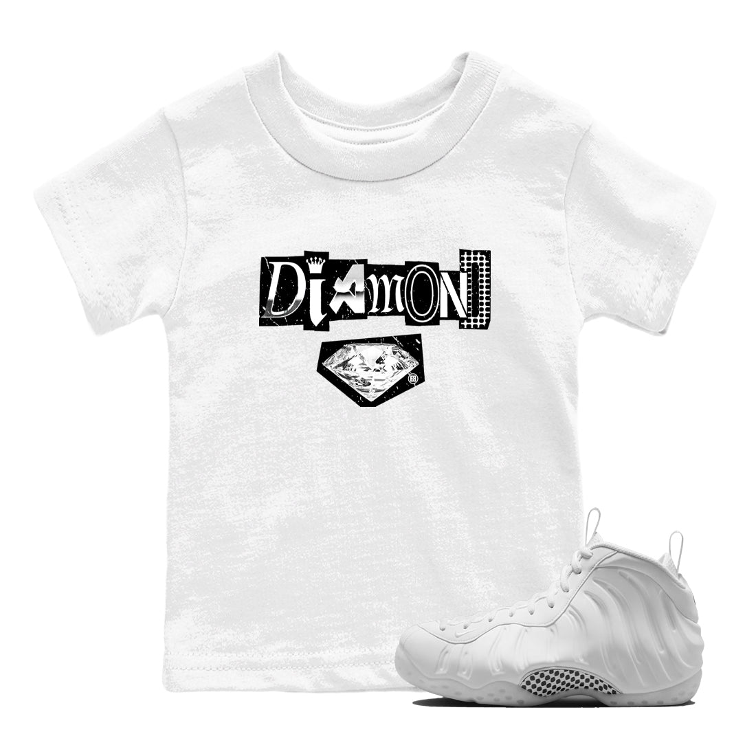 Diamond Letter baby and kids t-shirt crafted for little sneakerheads to shine with the Air Foamposite One Triple White sneakers, displayed in White 1.