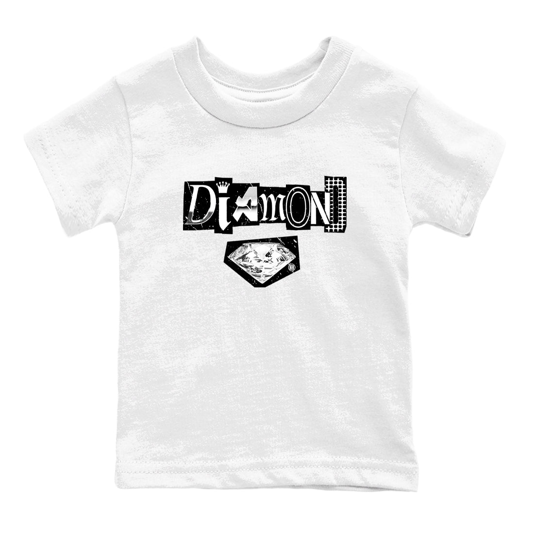 Diamond Letter baby and kids t-shirt crafted for little sneakerheads to shine with the Air Foamposite One Triple White sneakers, displayed in White 2.