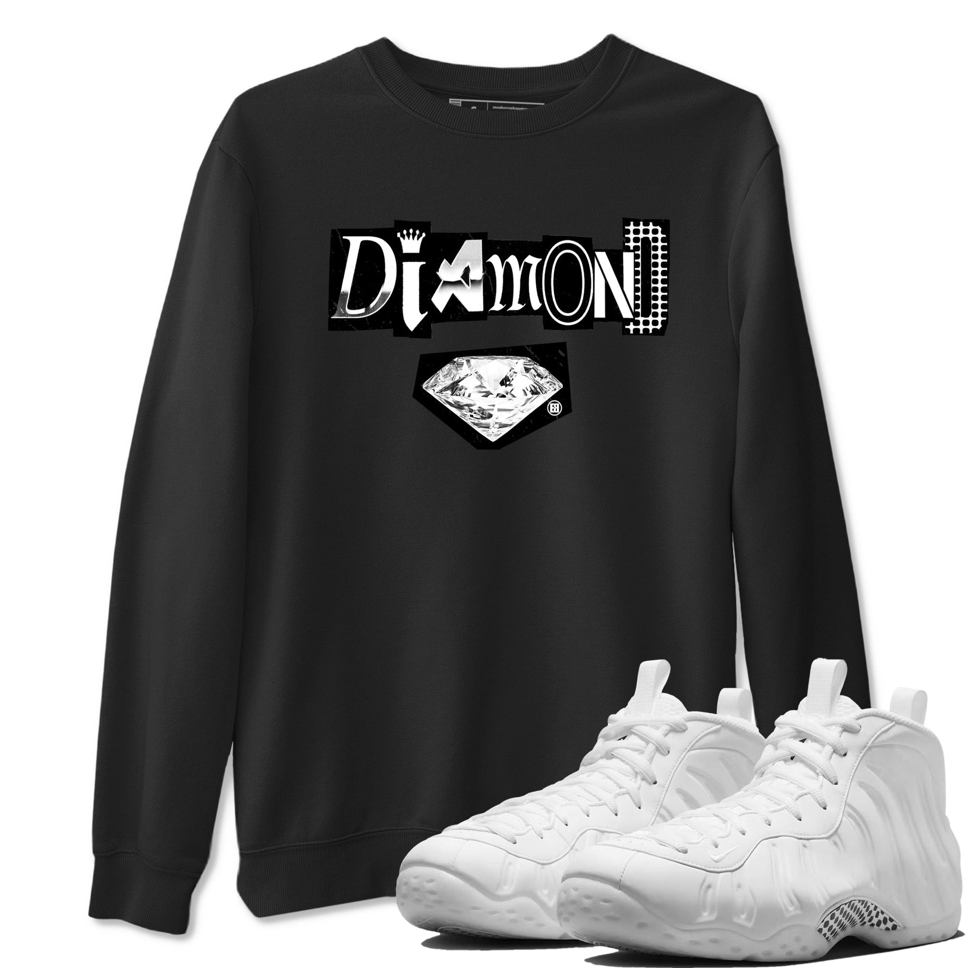 Diamond Letter sneaker match t-shirt styled to complete your fit with the Air Foamposite One Triple White sneakers, graphic shirts in Black 1.
