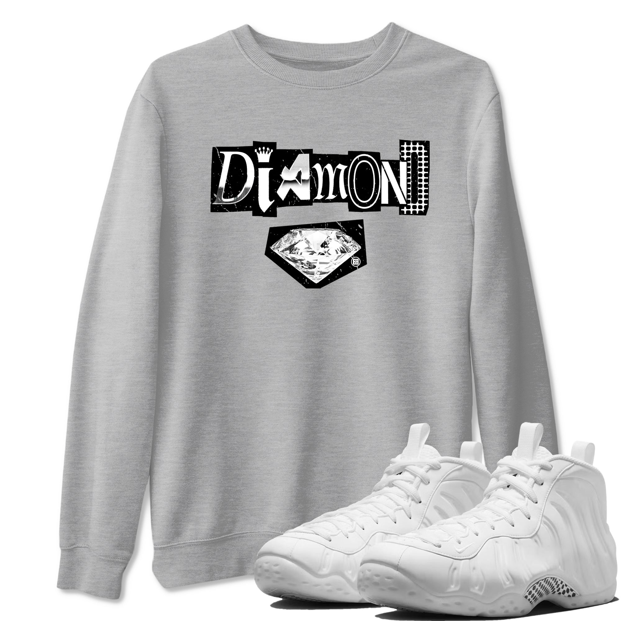 Diamond Letter sneaker match t-shirt styled to complete your fit with the Air Foamposite One Triple White sneakers, graphic shirts in Heather Grey 1.
