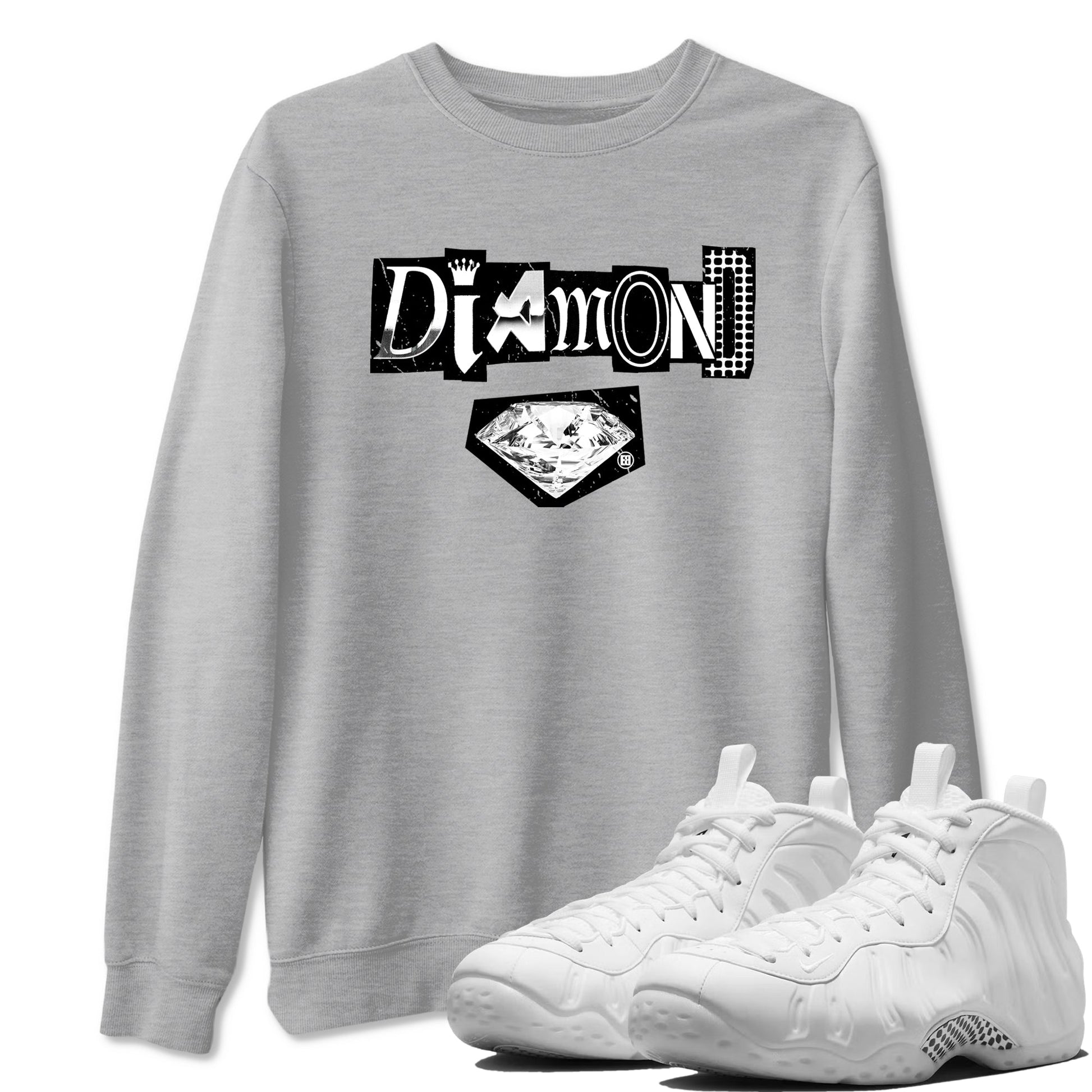 Diamond Letter sneaker match t-shirt styled to complete your fit with the Air Foamposite One Triple White sneakers, graphic shirts in Heather Grey 1.