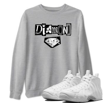 Diamond Letter sneaker match t-shirt styled to complete your fit with the Air Foamposite One Triple White sneakers, graphic shirts in Heather Grey 1.