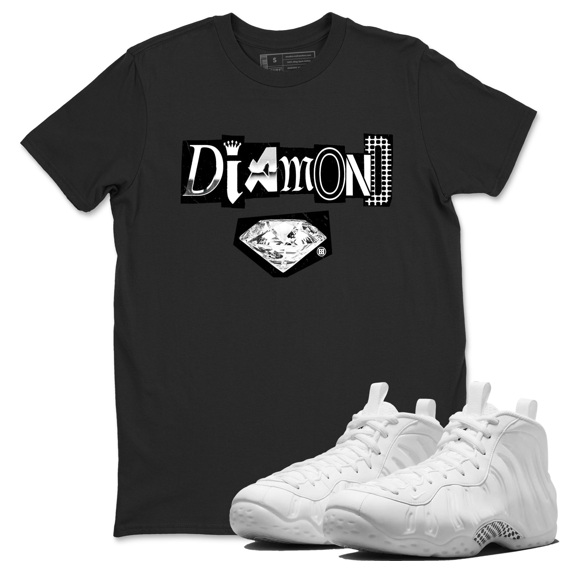 Diamond Letter sneaker match t-shirt styled to complete your fit with the Air Foamposite One Triple White sneakers, graphic shirts in Black 1.