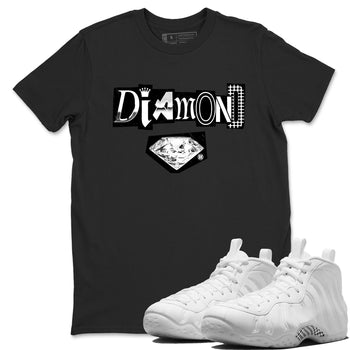 Diamond Letter sneaker match t-shirt styled to complete your fit with the Air Foamposite One Triple White sneakers, graphic shirts in Black 1.