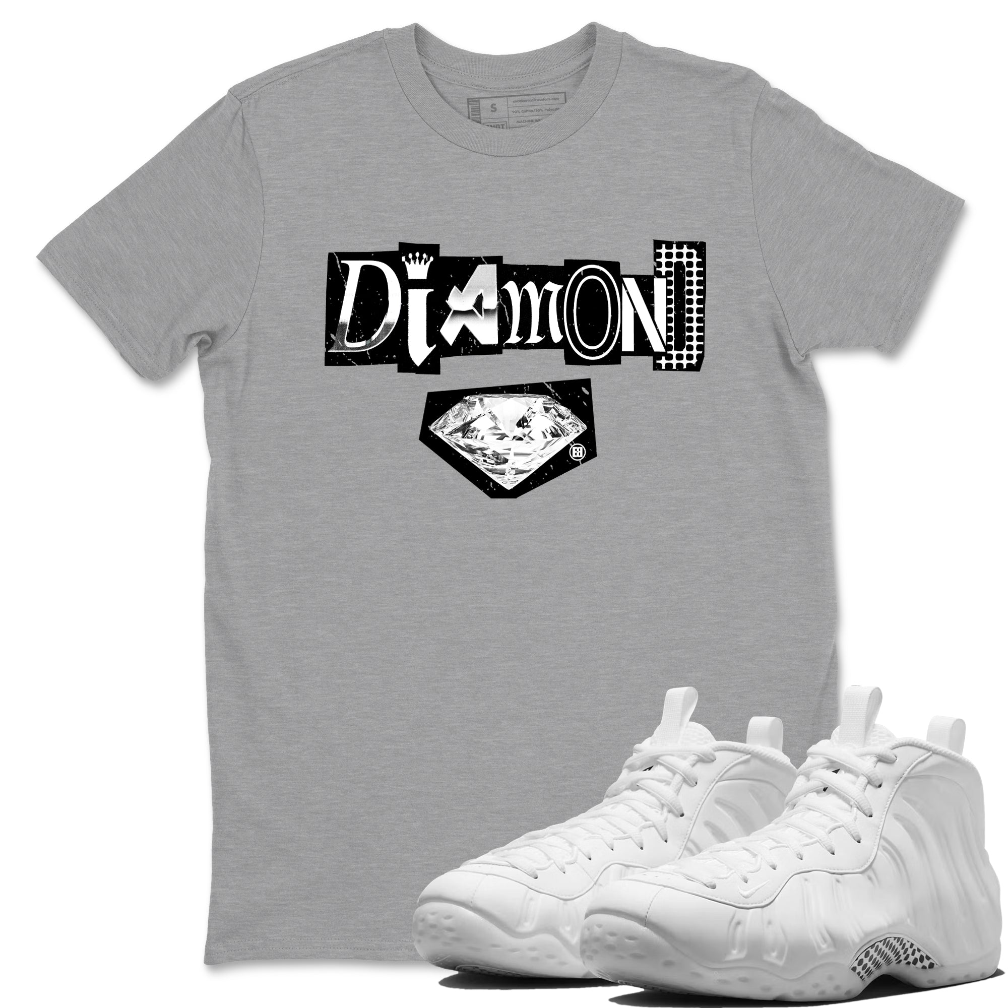 Diamond Letter sneaker match t-shirt styled to complete your fit with the Air Foamposite One Triple White sneakers, graphic shirts in Heather Grey 1.