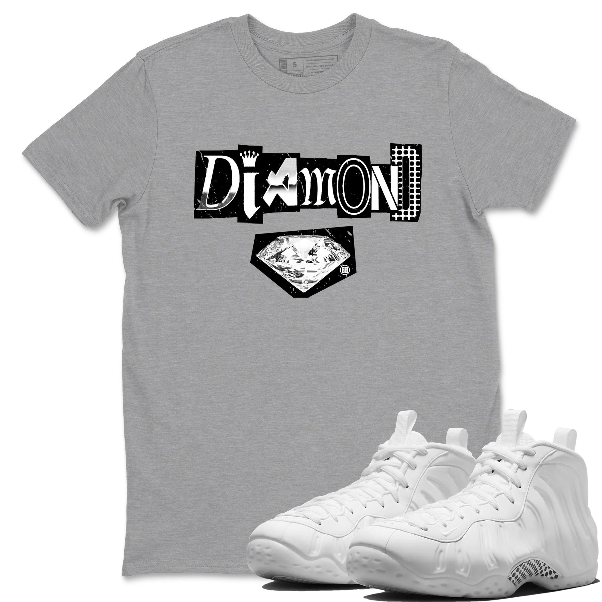 Diamond Letter sneaker match t-shirt styled to complete your fit with the Air Foamposite One Triple White sneakers, graphic shirts in Heather Grey 1.