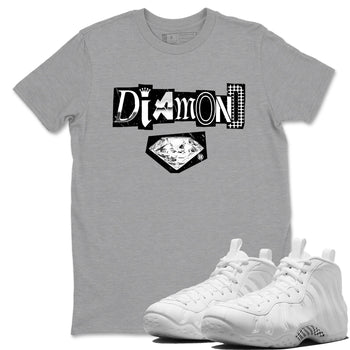 Diamond Letter sneaker match t-shirt styled to complete your fit with the Air Foamposite One Triple White sneakers, graphic shirts in Heather Grey 1.