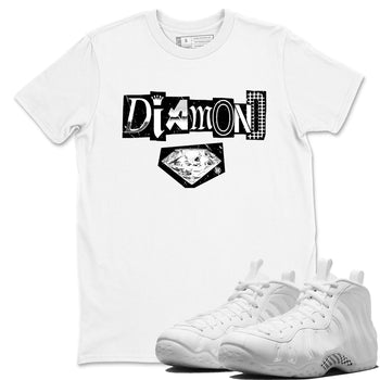 Diamond Letter sneaker match t-shirt styled to complete your fit with the Air Foamposite One Triple White sneakers, graphic shirts in White 1.