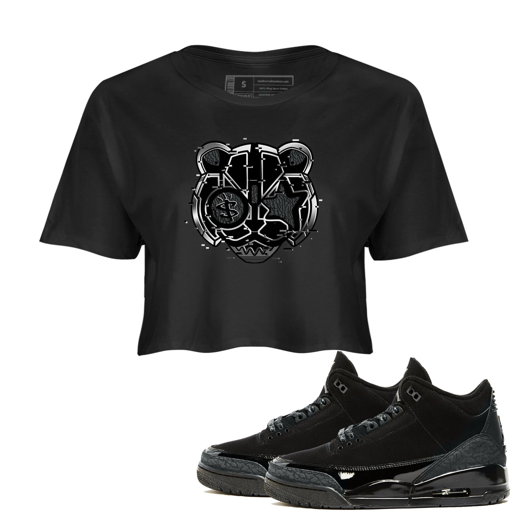 3s Black Cat shirts to match jordans Digital Cat Face sneaker match tees AJ3 Retro Black Cat match shoes to clothes SNRT Sneaker Tees unisex cotton Black 1 crop tee