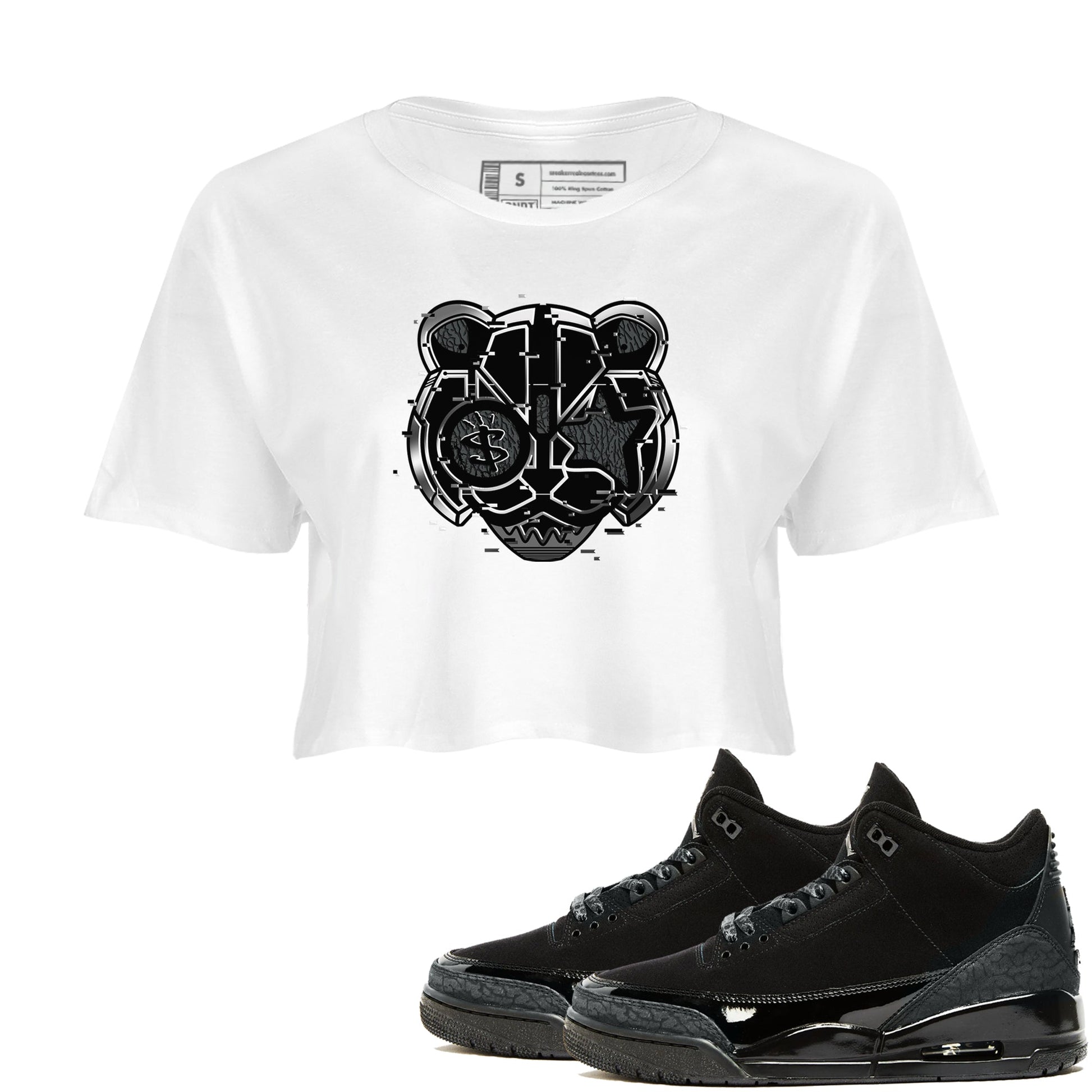 3s Black Cat shirts to match jordans Digital Cat Face sneaker match tees AJ3 Retro Black Cat match shoes to clothes SNRT Sneaker Tees unisex cotton White 1 crop tee