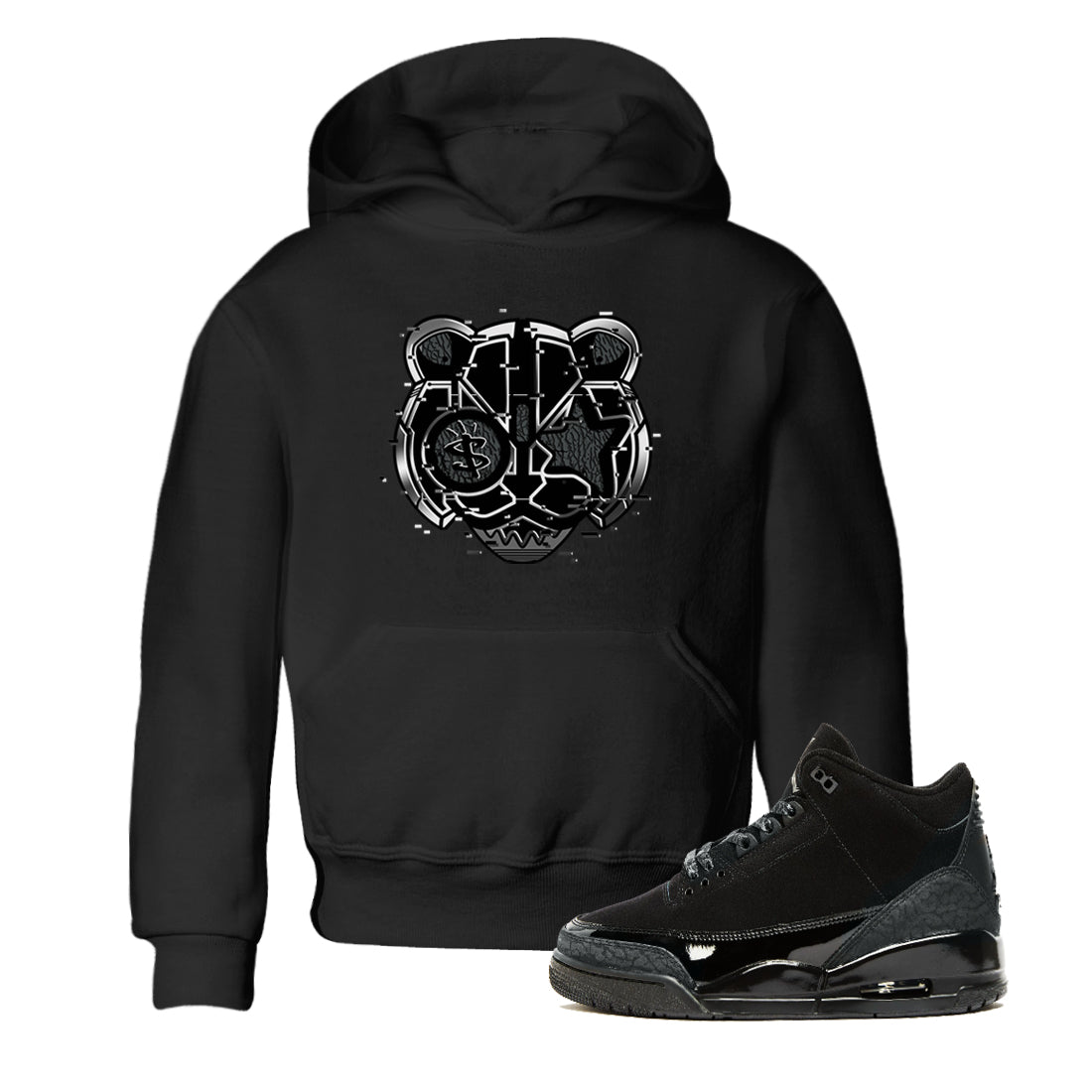 3s Black Cat shirts to match jordans Digital Cat Face sneaker match tees AJ3 Retro Black Cat match shoes to clothes SNRT Sneaker Tees Youth Baby Black 1 tee