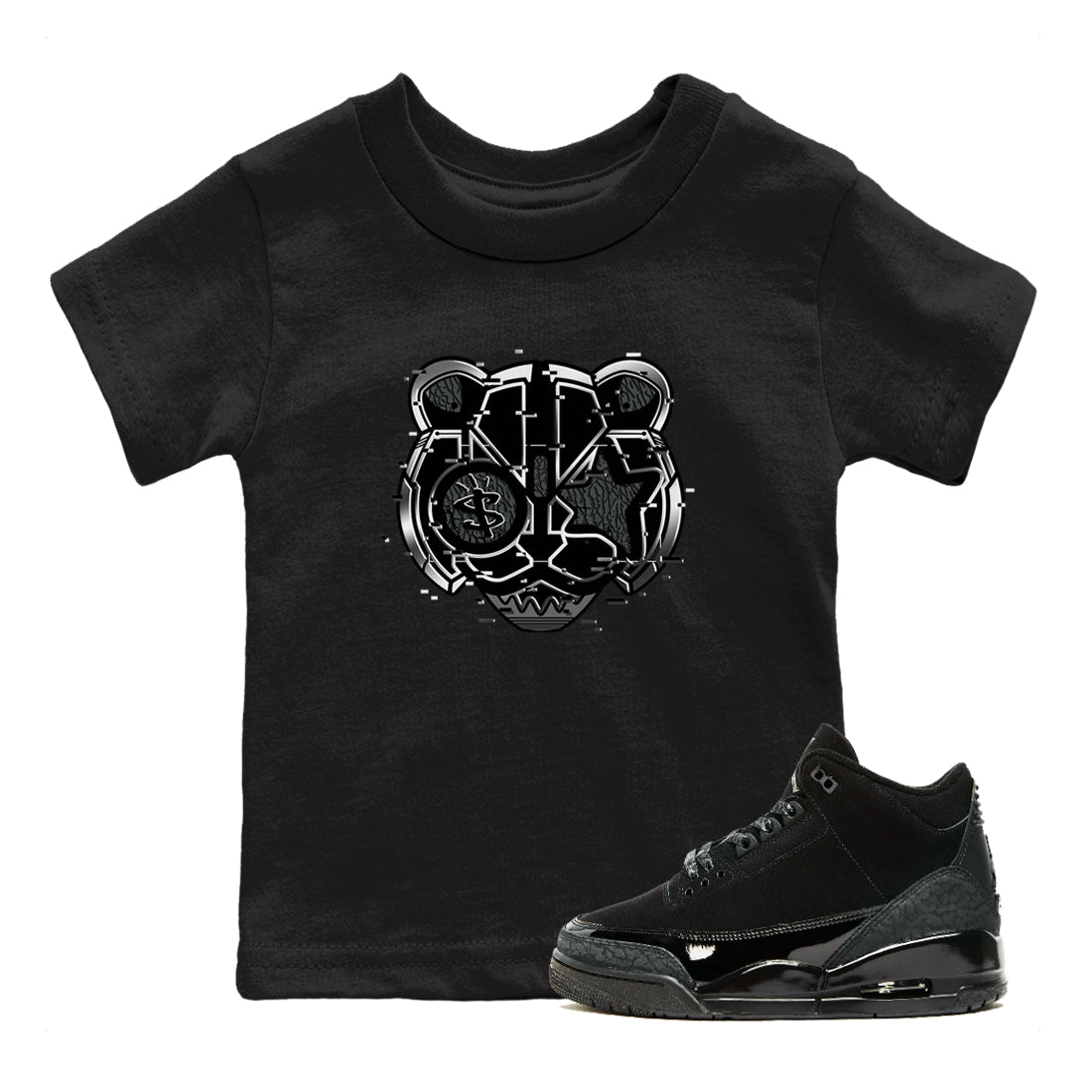 3s Black Cat shirts to match jordans Digital Cat Face sneaker match tees AJ3 Retro Black Cat match shoes to clothes SNRT Sneaker Tees Youth Baby Black 1 tee