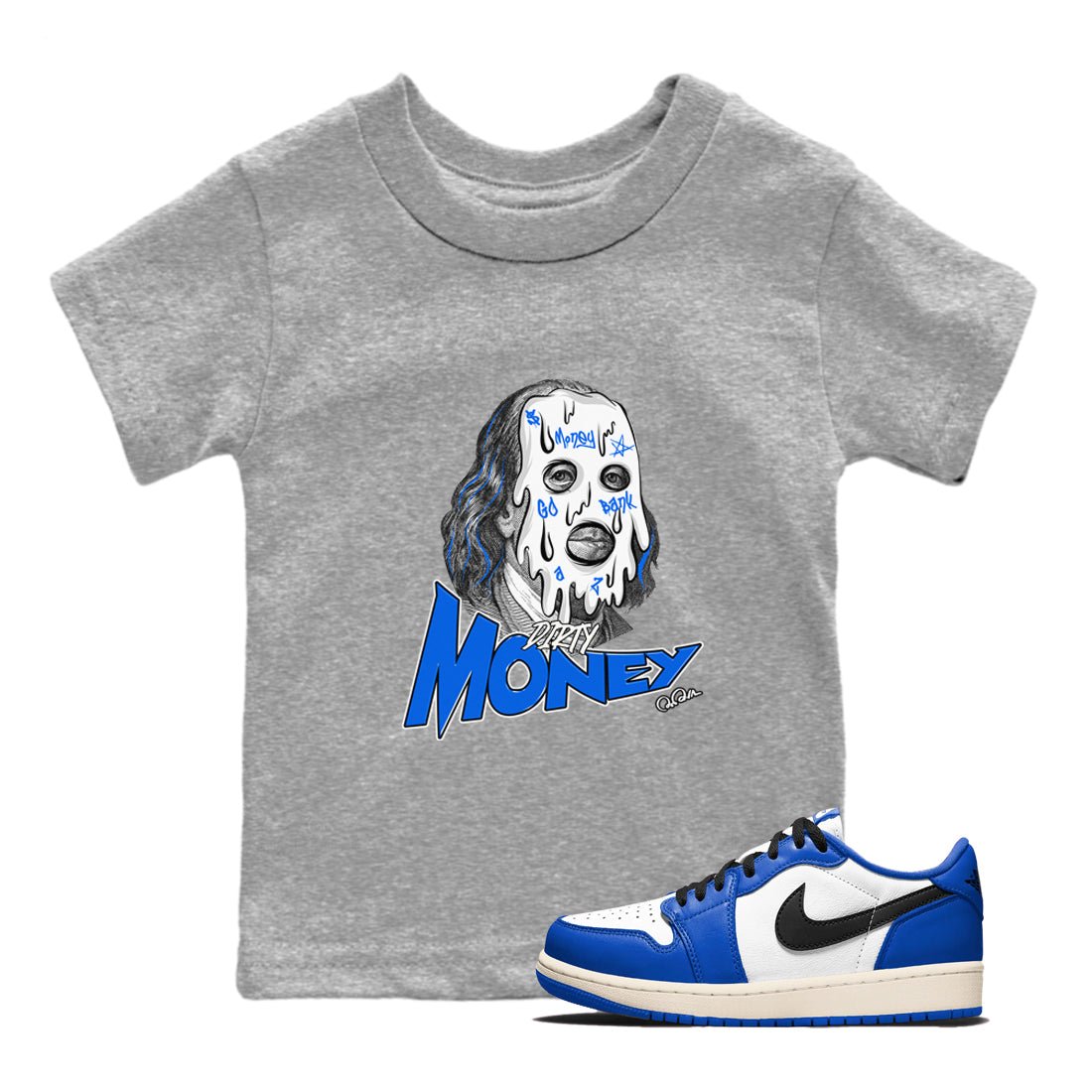 AJ1 Game Royal shirt to match jordans Dirty Money sneaker tees Air Jordan 1 Game Royal SNRT sneaker release tees baby toddler Heather Grey 1 cotton Shirt