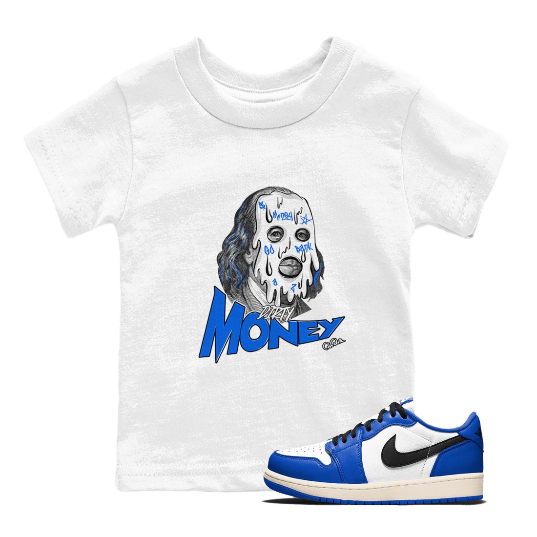 AJ1 Game Royal shirt to match jordans Dirty Money sneaker tees Air Jordan 1 Game Royal SNRT sneaker release tees baby toddler White 1 cotton Shirt