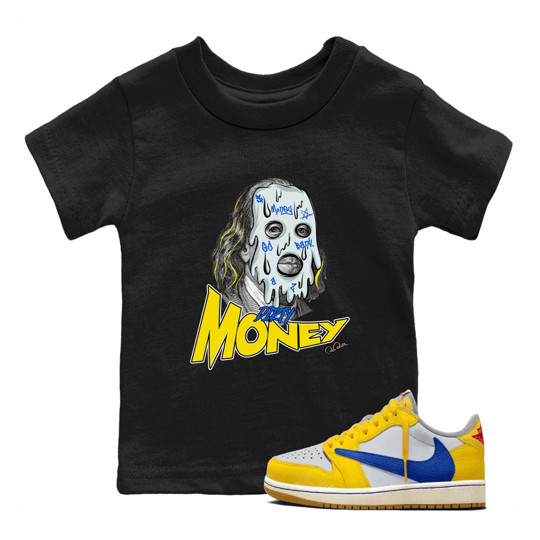 1s Travis Scott Canary shirt to match jordans Dirty Money sneaker tees Air Jordan 1 Travis Scott Canary SNRT sneaker release tees baby toddler Black 1 cotton Shirt