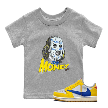 1s Travis Scott Canary shirt to match jordans Dirty Money sneaker tees Air Jordan 1 Travis Scott Canary SNRT sneaker release tees baby toddler Heather Grey 1 cotton Shirt