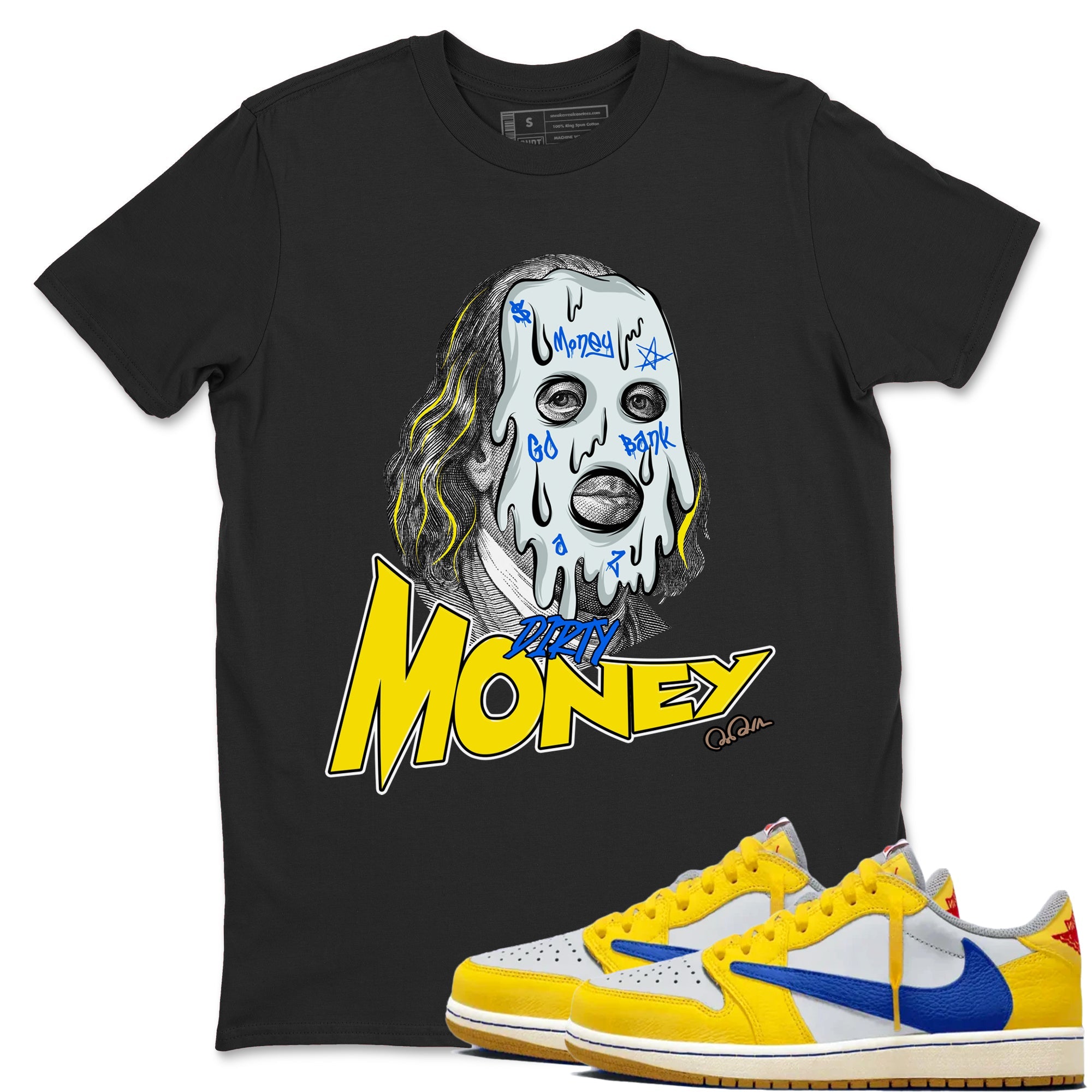 1s Travis Scott Canary shirt to match jordans Dirty Money sneaker tees Air Jordan 1 Travis Scott Canary SNRT Sneaker Release Tees unisex cotton Black 1 crew neck shirt