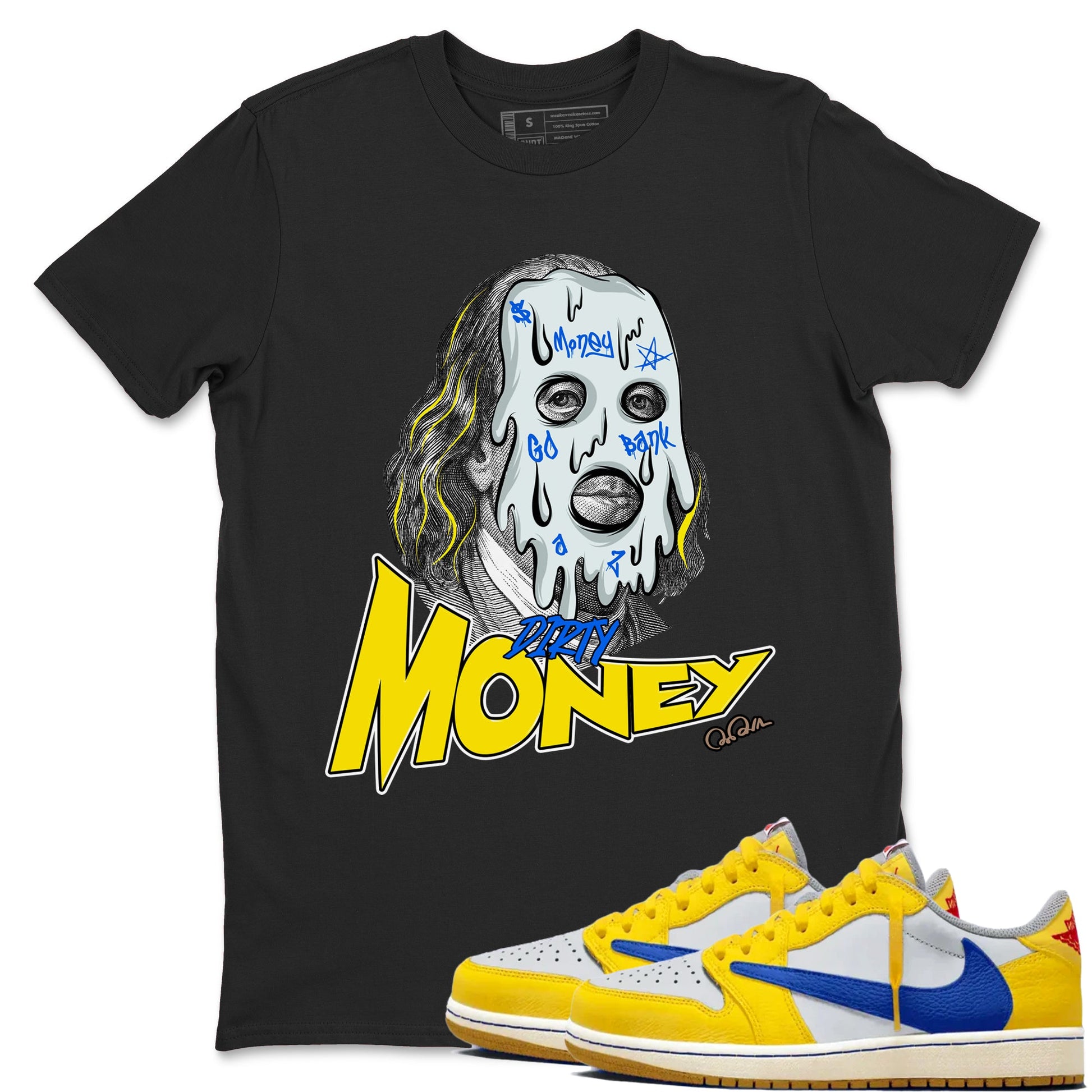 1s Travis Scott Canary shirt to match jordans Dirty Money sneaker tees Air Jordan 1 Travis Scott Canary SNRT Sneaker Release Tees unisex cotton Black 1 crew neck shirt