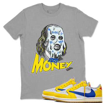 1s Travis Scott Canary shirt to match jordans Dirty Money sneaker tees Air Jordan 1 Travis Scott Canary SNRT Sneaker Release Tees unisex cotton Heather Grey 1 crew neck shirt