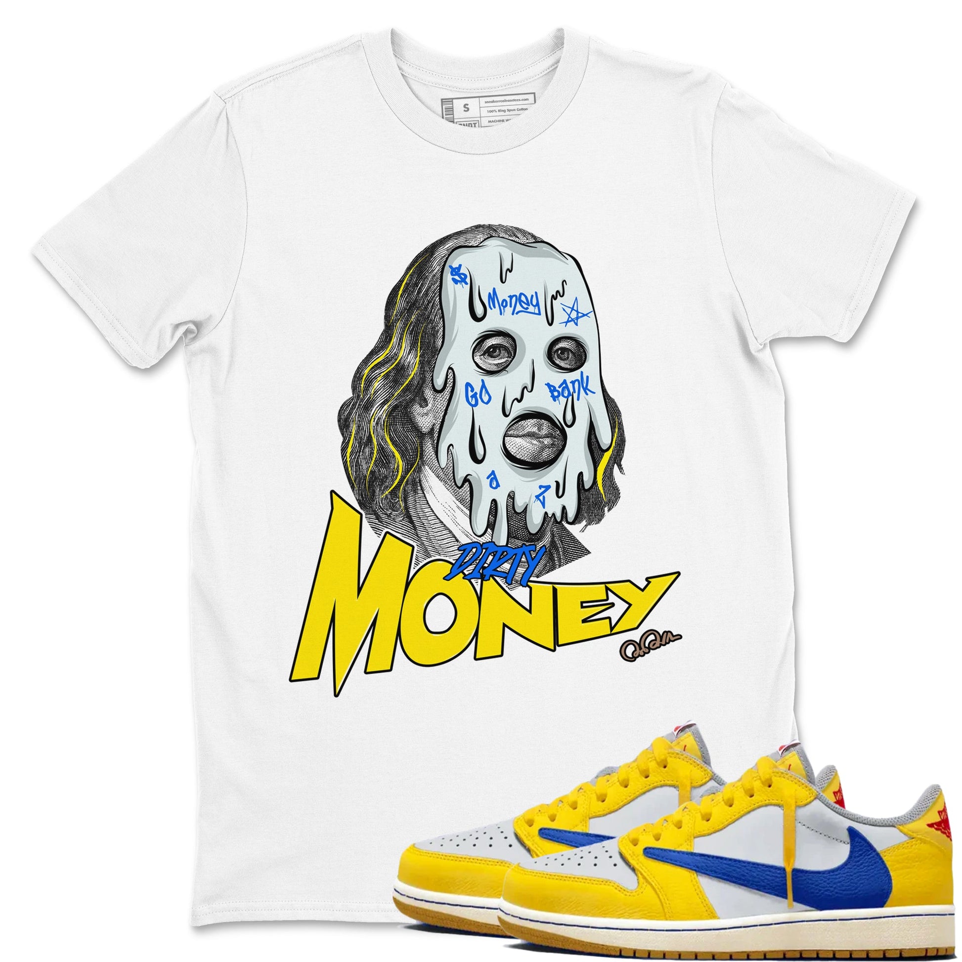 1s Travis Scott Canary shirt to match jordans Dirty Money sneaker tees Air Jordan 1 Travis Scott Canary SNRT Sneaker Release Tees unisex cotton White 1 crew neck shirt