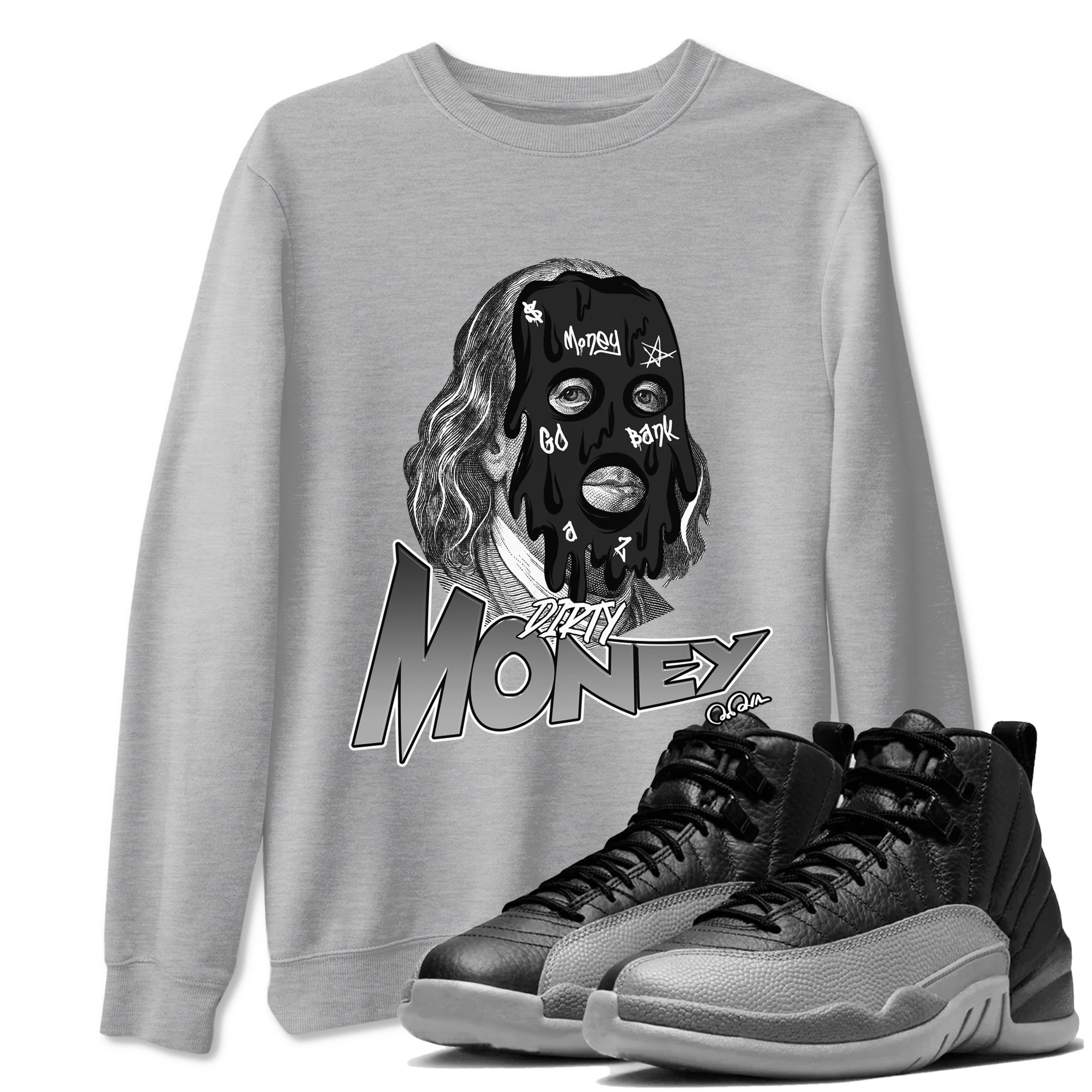 12s Black Wolf Grey shirts to match jordans Dirty Money sneaker match tees Air Jordan 12 Barons match shoes to clothes SNRT Sneaker Tees unisex cotton Heather Grey 1 shirts