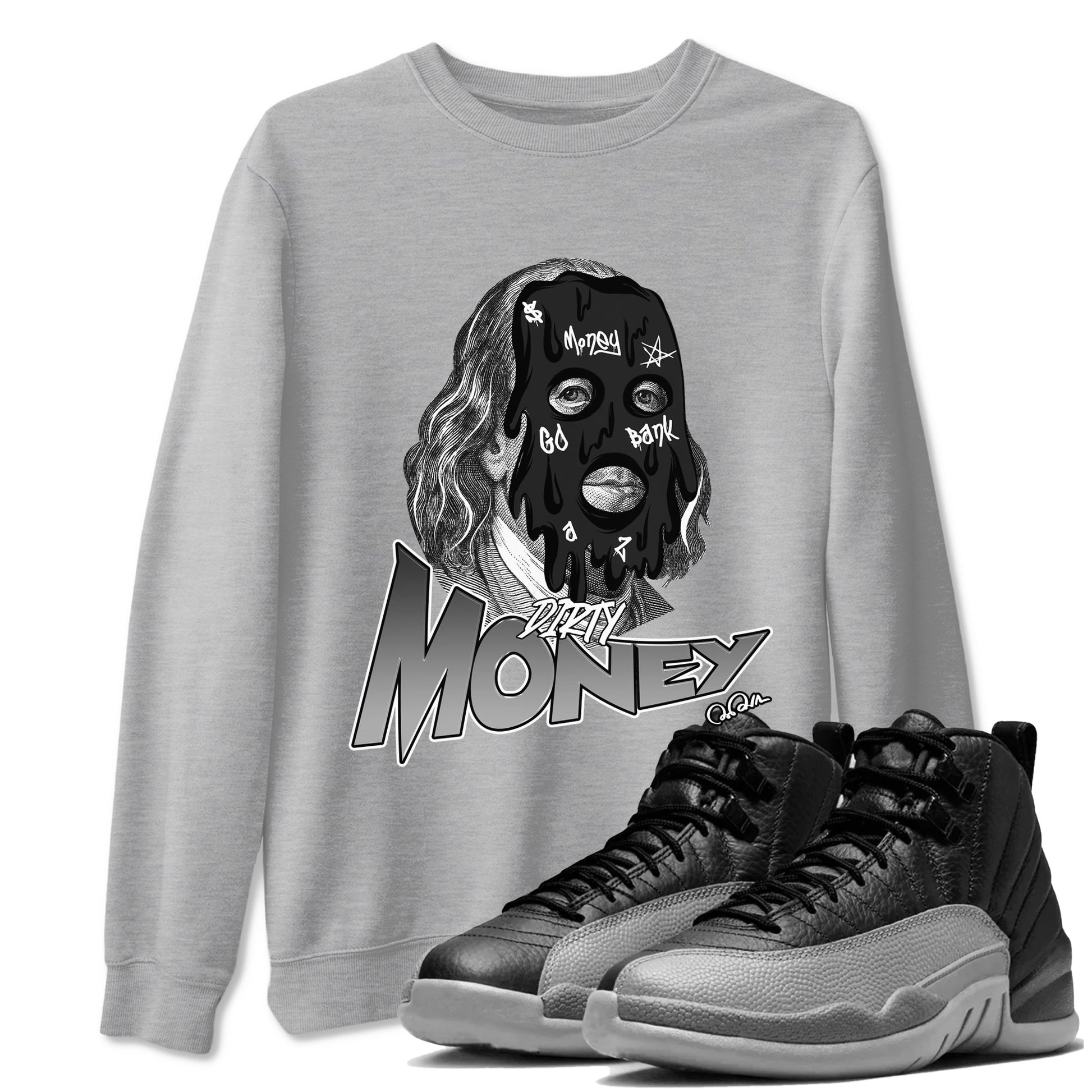 12s Black Wolf Grey shirts to match jordans Dirty Money sneaker match tees Air Jordan 12 Barons match shoes to clothes SNRT Sneaker Tees unisex cotton Heather Grey 1 shirts
