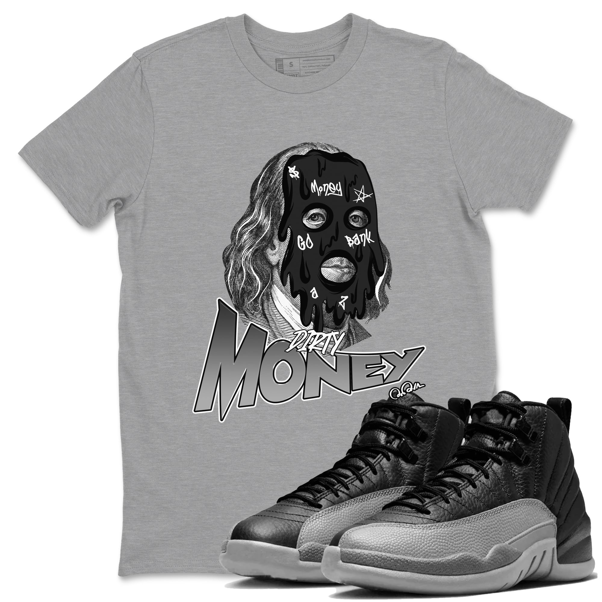 12s Black Wolf Grey shirts to match jordans Dirty Money sneaker match tees Air Jordan 12 Barons match shoes to clothes SNRT Sneaker Tees unisex cotton Heather Grey 1 shirts