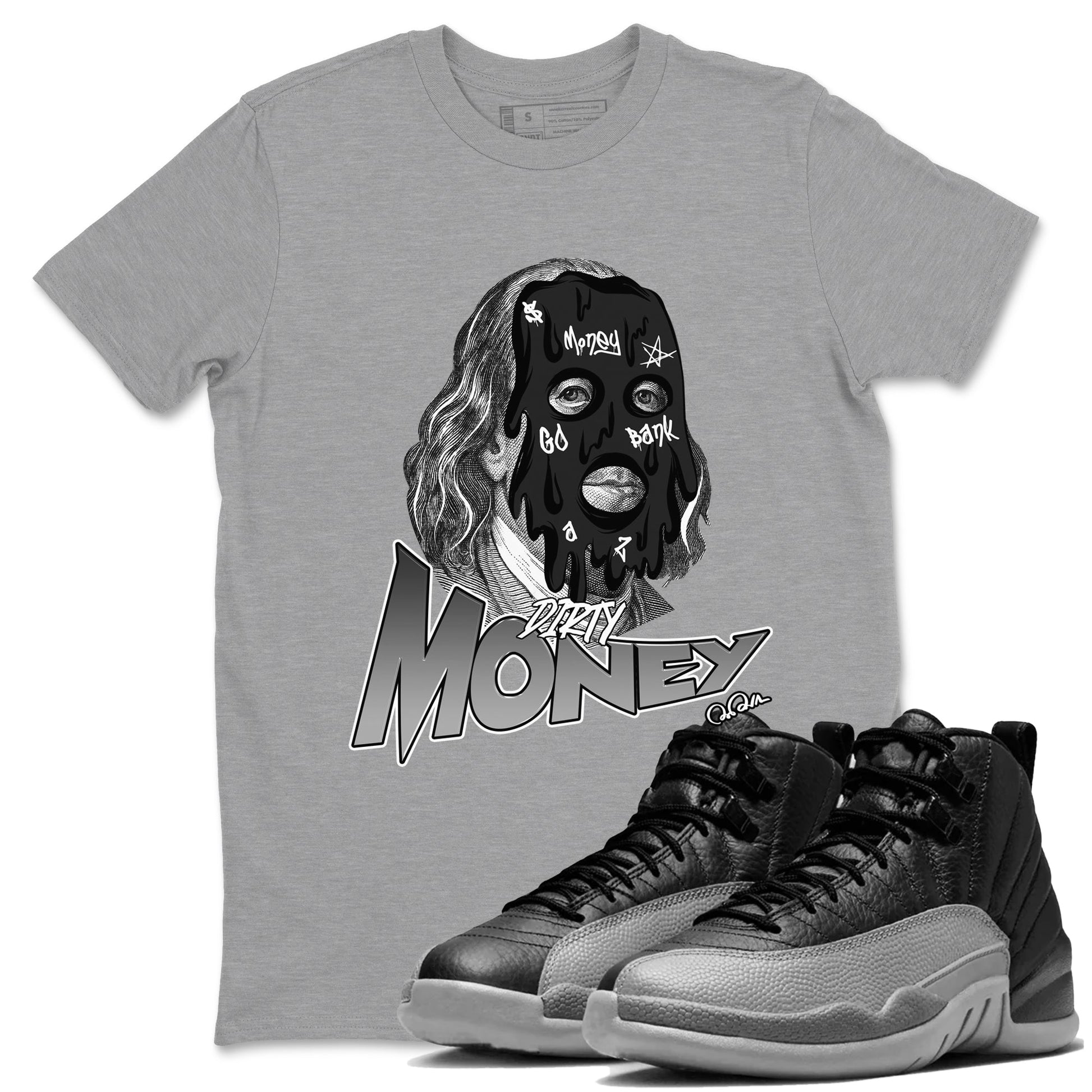 12s Black Wolf Grey shirts to match jordans Dirty Money sneaker match tees Air Jordan 12 Barons match shoes to clothes SNRT Sneaker Tees unisex cotton Heather Grey 1 shirts