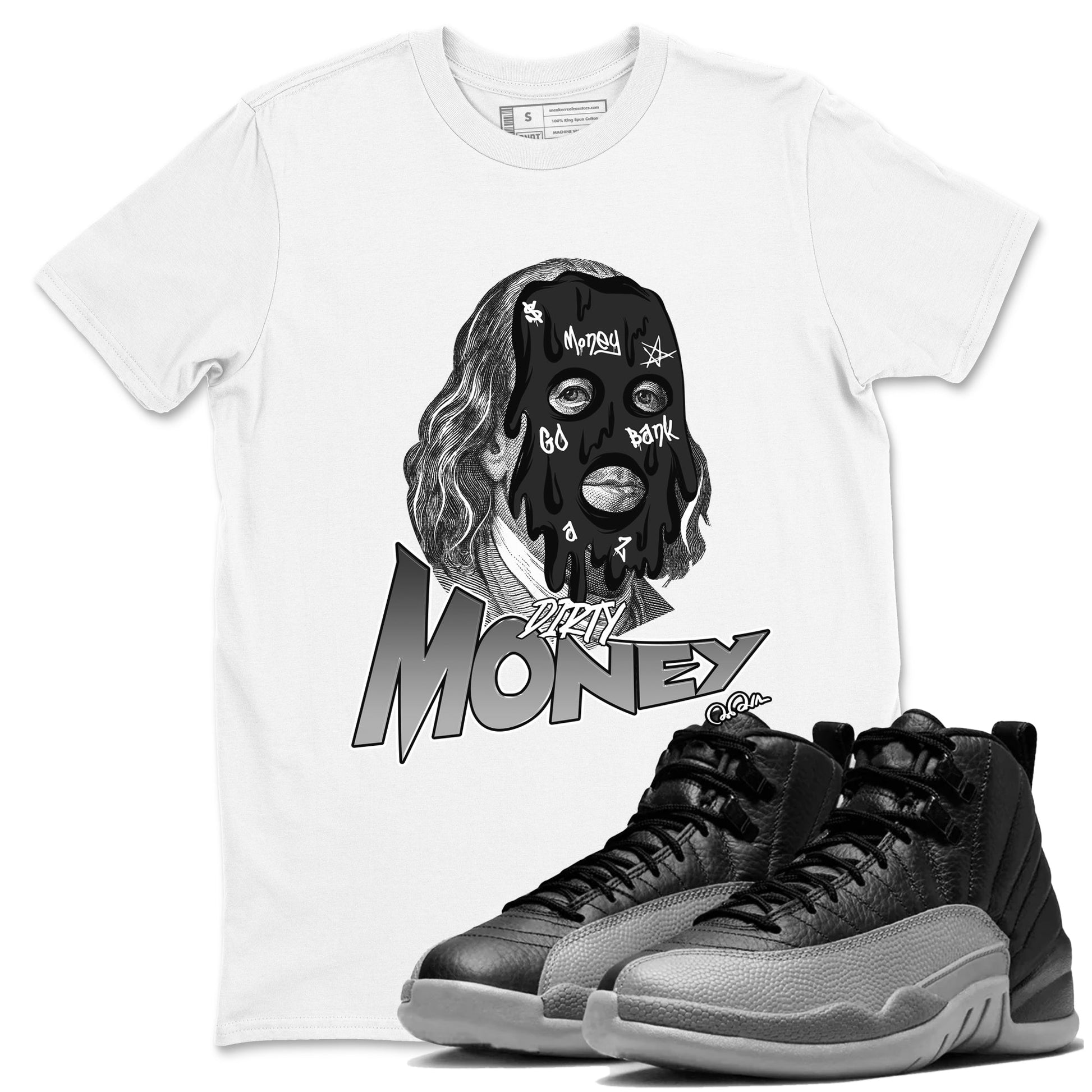 12s Black Wolf Grey shirts to match jordans Dirty Money sneaker match tees Air Jordan 12 Barons match shoes to clothes SNRT Sneaker Tees unisex cotton White 1 shirts