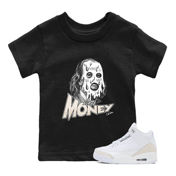 Dirty Money baby and kids t-shirt crafted for little sneakerheads to shine with the Air Jordan 3 Pure Money sneakers, displayed in Black 1.