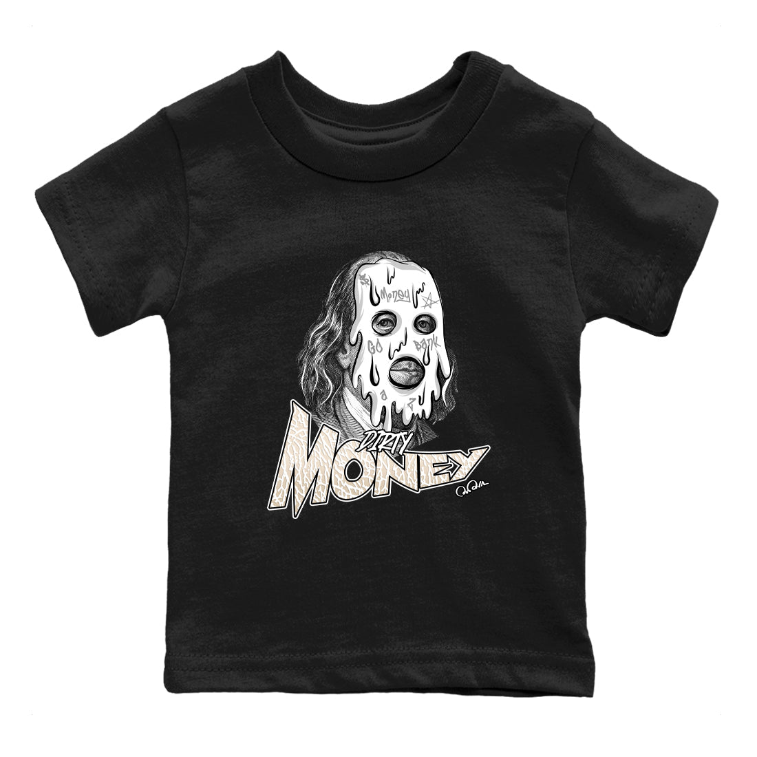Dirty Money baby and kids t-shirt crafted for little sneakerheads to shine with the Air Jordan 3 Pure Money sneakers, displayed in Black 2.