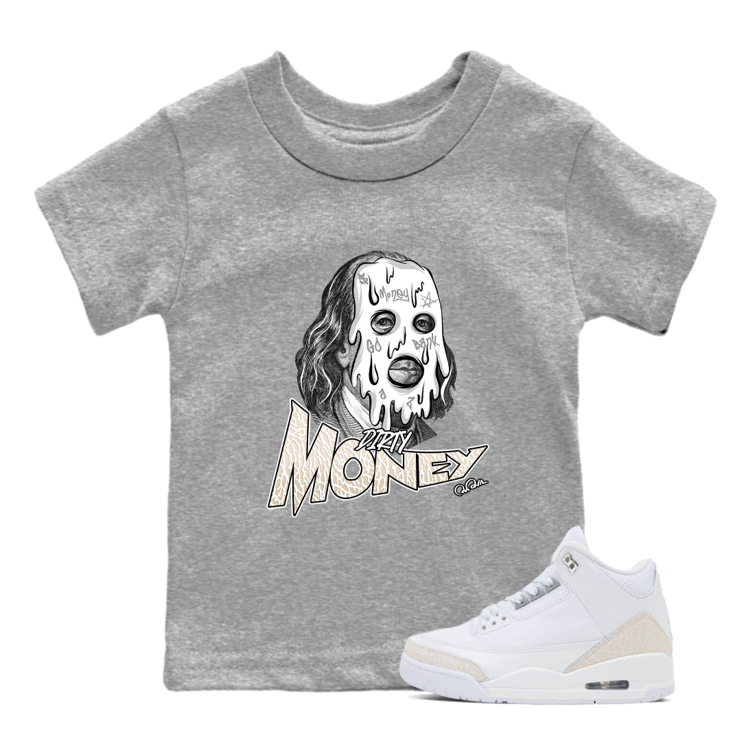 Dirty Money baby and kids t-shirt crafted for little sneakerheads to shine with the Air Jordan 3 Pure Money sneakers, displayed in Heather Grey 1.