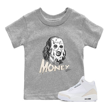 Dirty Money baby and kids t-shirt crafted for little sneakerheads to shine with the Air Jordan 3 Pure Money sneakers, displayed in Heather Grey 1.