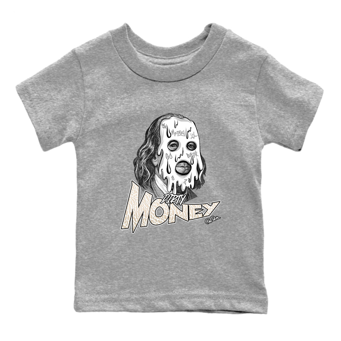 Dirty Money baby and kids t-shirt crafted for little sneakerheads to shine with the Air Jordan 3 Pure Money sneakers, displayed in Heather Grey 2.