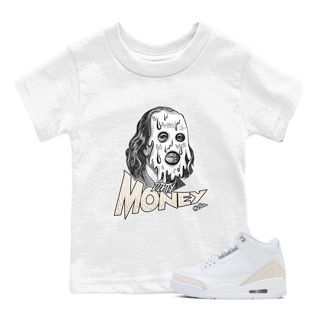 Dirty Money baby and kids t-shirt crafted for little sneakerheads to shine with the Air Jordan 3 Pure Money sneakers, displayed in White 1.