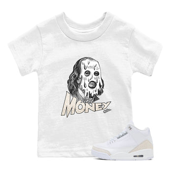 Dirty Money baby and kids t-shirt crafted for little sneakerheads to shine with the Air Jordan 3 Pure Money sneakers, displayed in White 1.