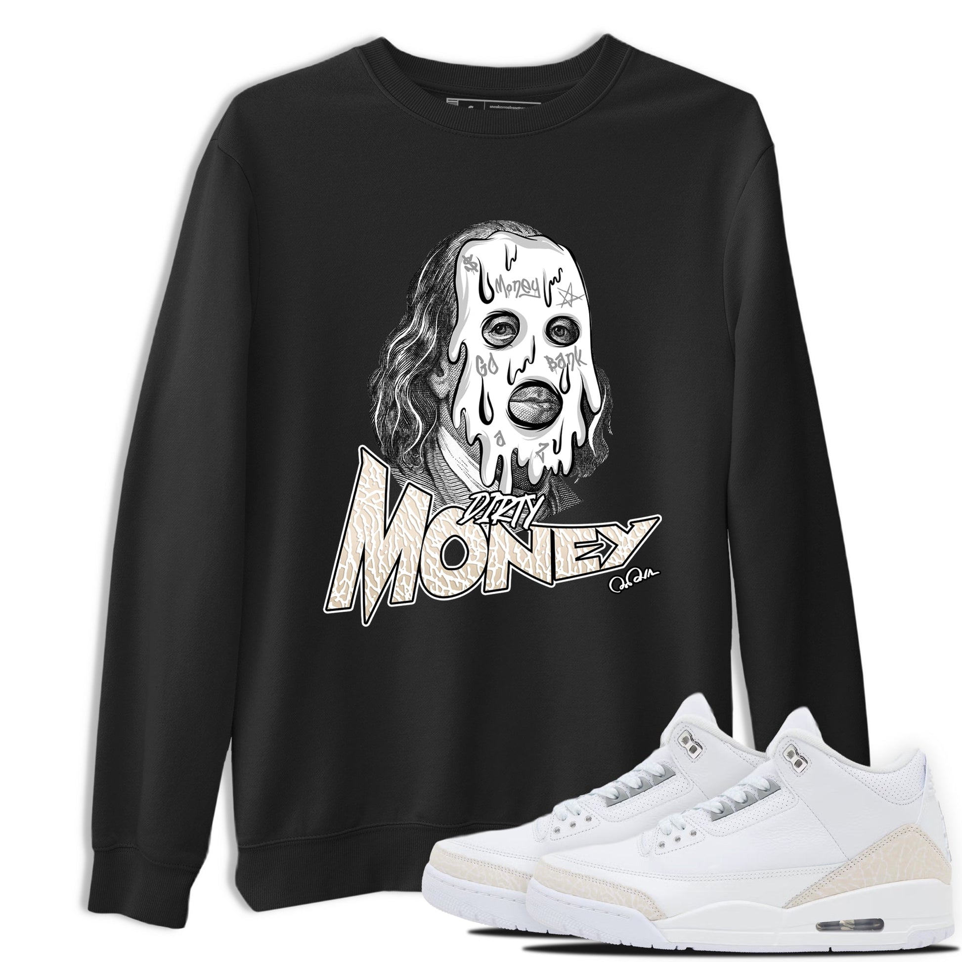 Dirty Money sneaker match t-shirt styled to complete your fit with the Air Jordan 3 Pure Money sneakers, shown in Black 1.