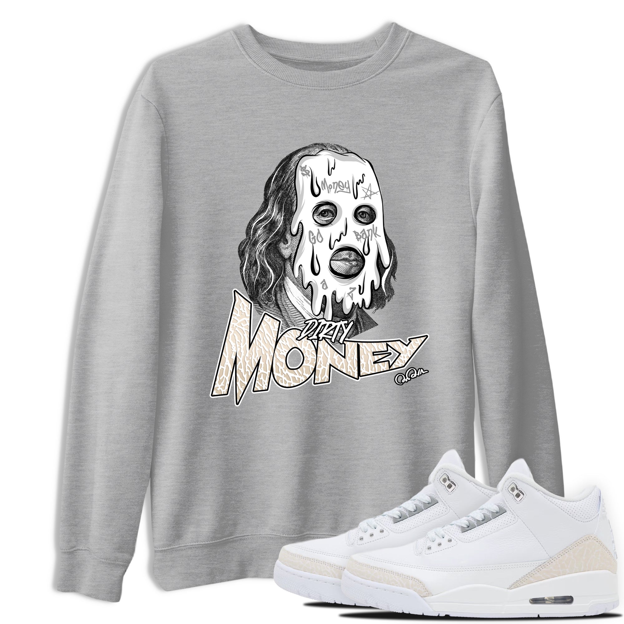 Dirty Money sneaker match t-shirt styled to complete your fit with the Air Jordan 3 Pure Money sneakers, shown in Heather Grey 1.