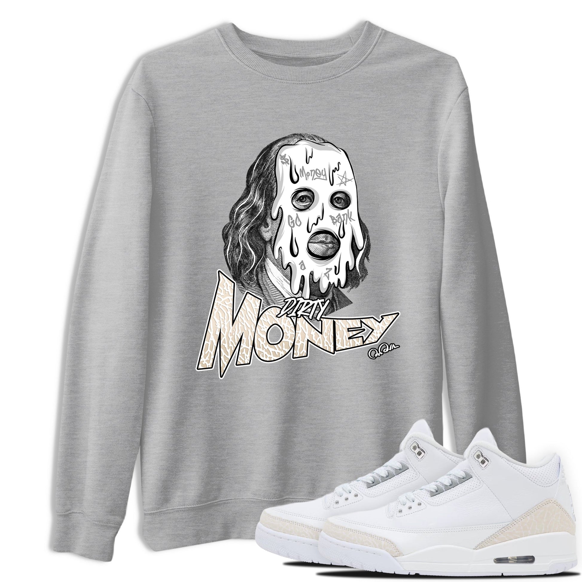 Dirty Money sneaker match t-shirt styled to complete your fit with the Air Jordan 3 Pure Money sneakers, shown in Heather Grey 1.