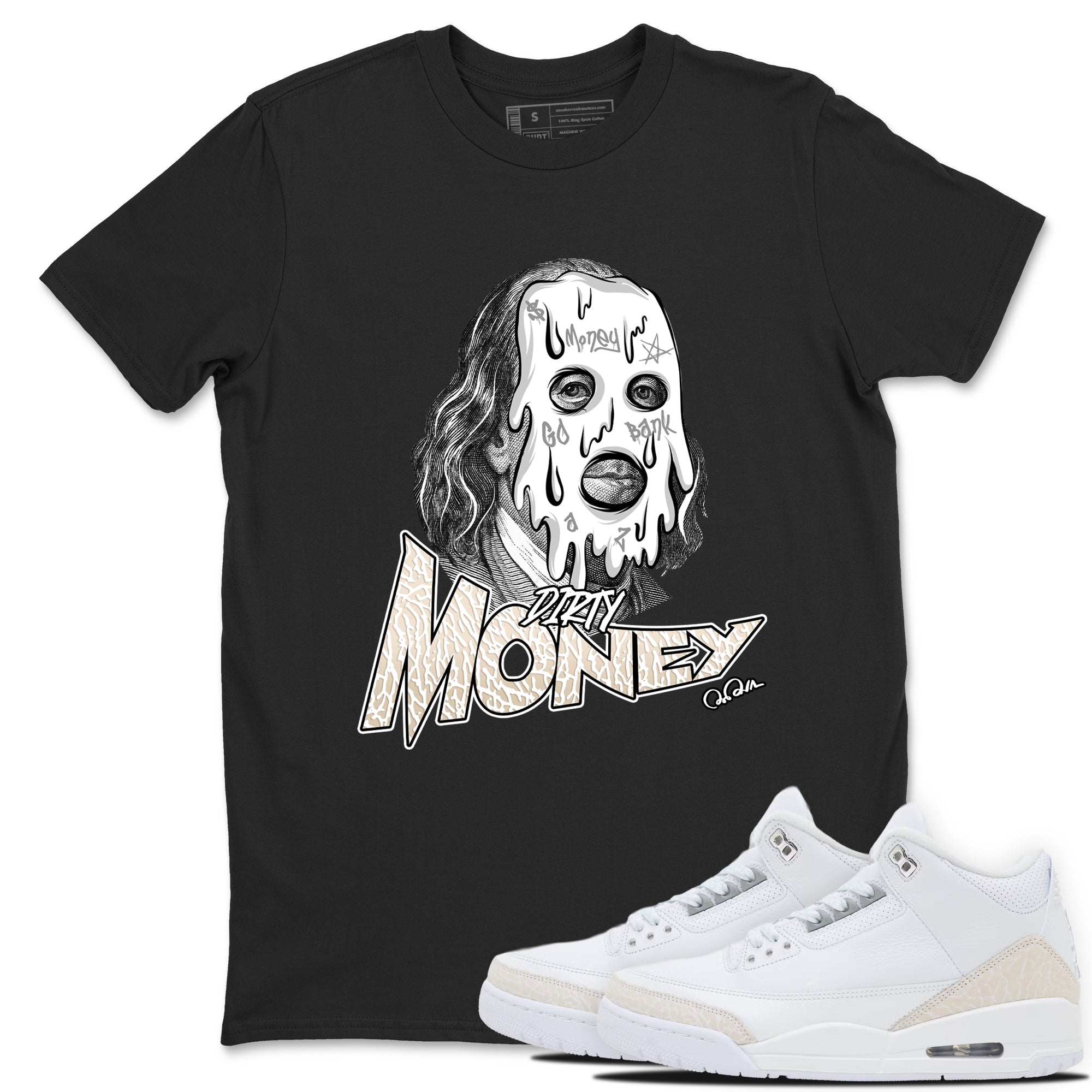 Dirty Money sneaker match t-shirt styled to complete your fit with the Air Jordan 3 Pure Money sneakers, shown in Black 1.