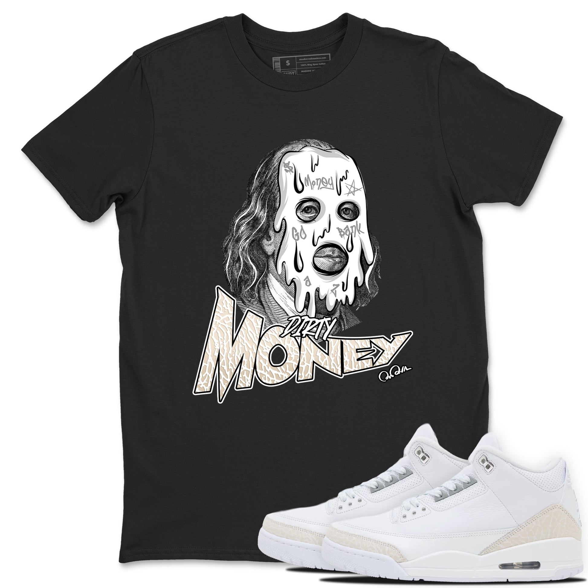Dirty Money sneaker match t-shirt styled to complete your fit with the Air Jordan 3 Pure Money sneakers, shown in Black 1.