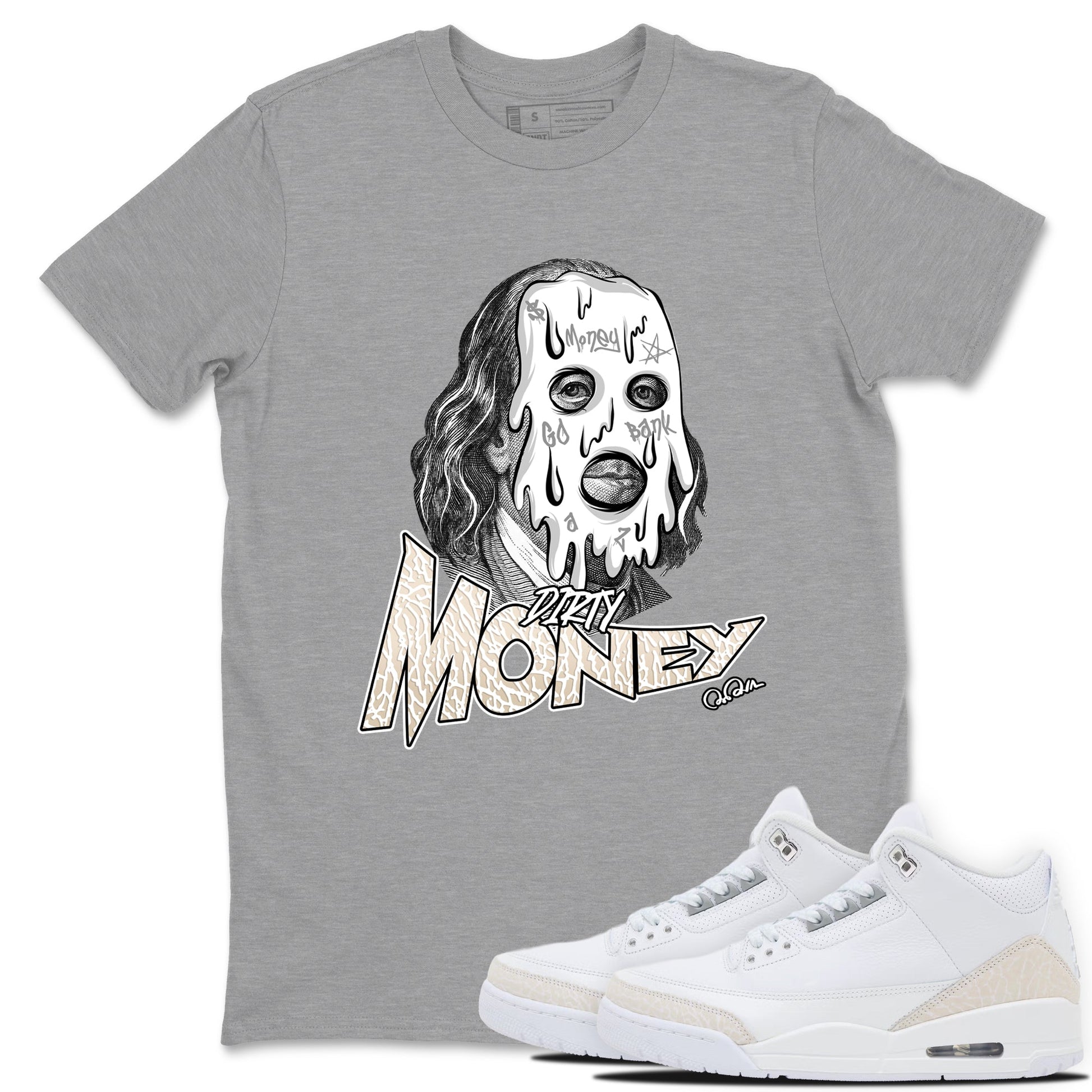 Dirty Money sneaker match t-shirt styled to complete your fit with the Air Jordan 3 Pure Money sneakers, shown in Heather Grey 1.