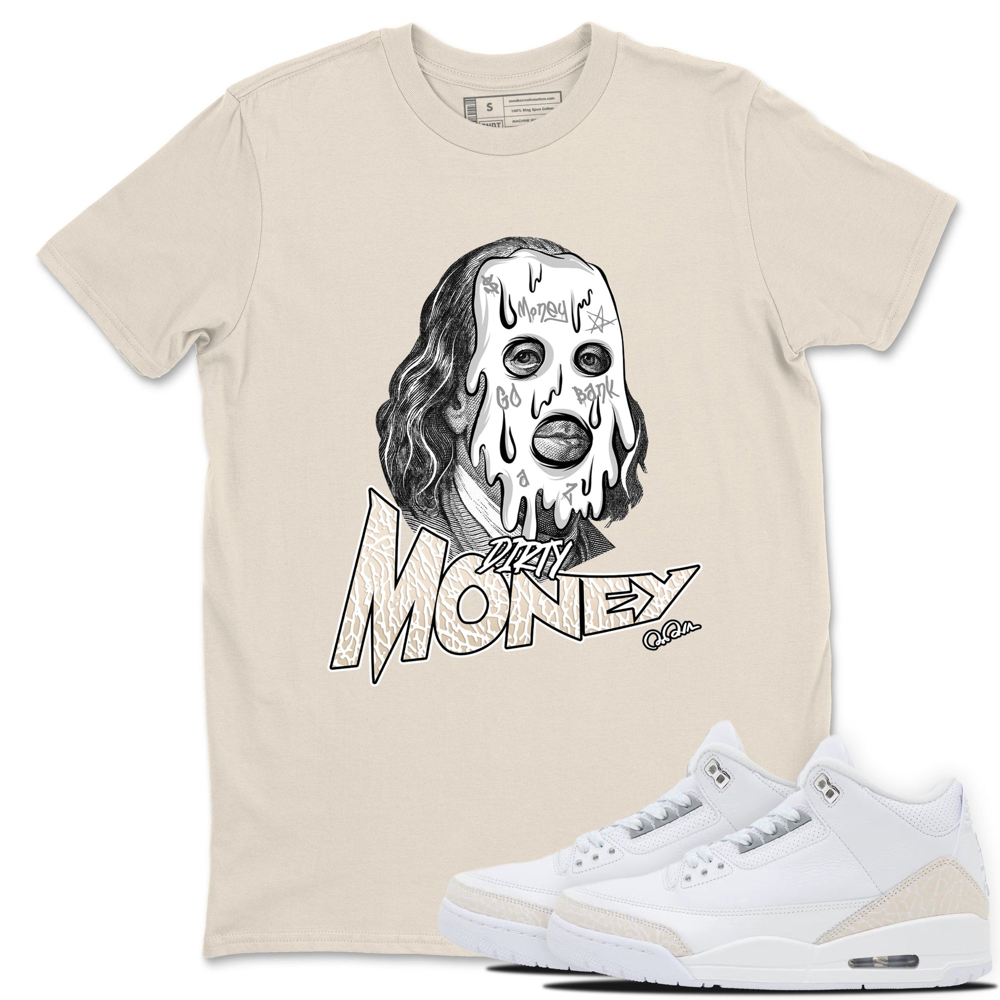 Dirty Money sneaker match t-shirt styled to complete your fit with the Air Jordan 3 Pure Money sneakers, shown in Natural 1.