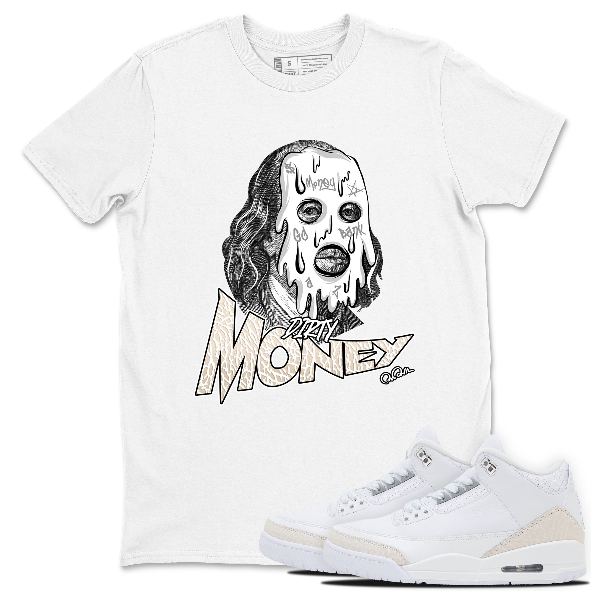 Dirty Money sneaker match t-shirt styled to complete your fit with the Air Jordan 3 Pure Money sneakers, shown in White 1.