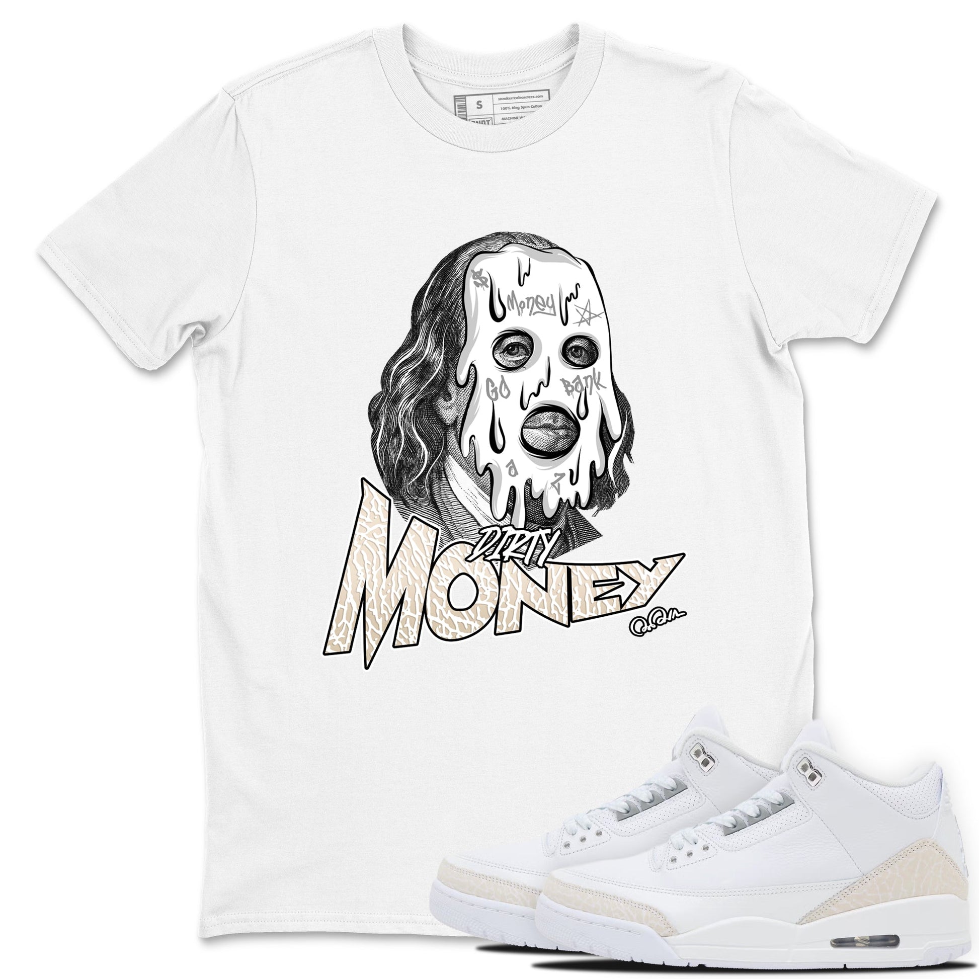 Dirty Money sneaker match t-shirt styled to complete your fit with the Air Jordan 3 Pure Money sneakers, shown in White 1.