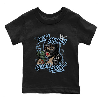 Dirty Money Clean Look baby and kids t-shirt crafted for little sneakerheads to shine with the Air Foamposite One Psychic Blue sneakers, displayed in Black 2.