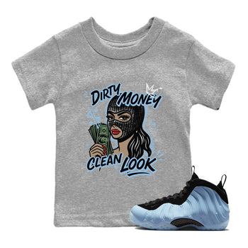 Dirty Money Clean Look baby and kids t-shirt crafted for little sneakerheads to shine with the Air Foamposite One Psychic Blue sneakers, displayed in Heather Grey 1.