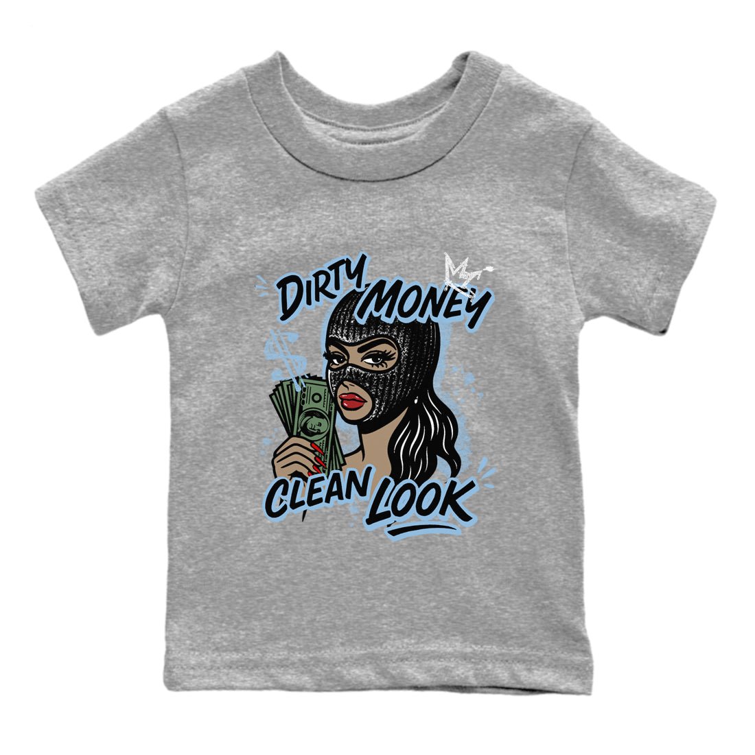 Dirty Money Clean Look baby and kids t-shirt crafted for little sneakerheads to shine with the Air Foamposite One Psychic Blue sneakers, displayed in Heather Grey 2.
