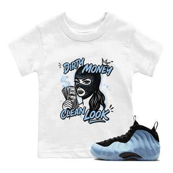 Dirty Money Clean Look baby and kids t-shirt crafted for little sneakerheads to shine with the Air Foamposite One Psychic Blue sneakers, displayed in White 1.