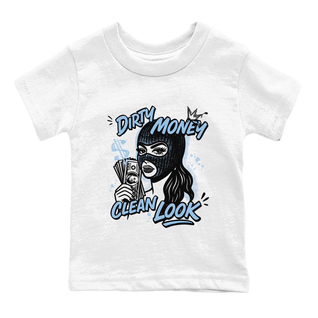 Dirty Money Clean Look baby and kids t-shirt crafted for little sneakerheads to shine with the Air Foamposite One Psychic Blue sneakers, displayed in White 2.